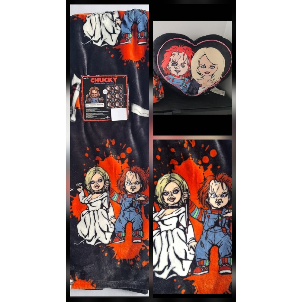 Rare VHTF Chucky & Bride Tiffany Halloween Plush Throw Blanket Large Pillow Set